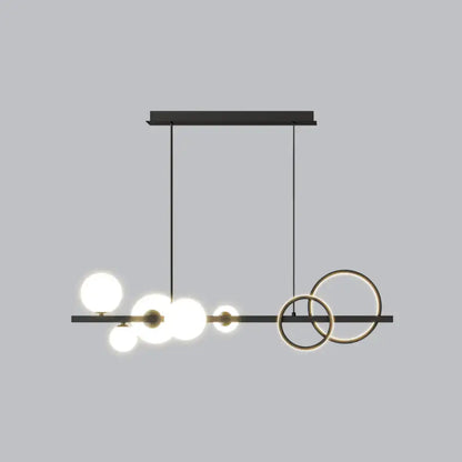 DecorBites™ contemporary 7-head island lamp with black brass rings and smoke grey spherical glass bulbs for dining room