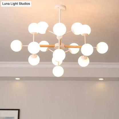 DecorBites™ contemporary globe chandelier with white glass frosted globes and wood accents for dining room hanging light