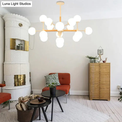 DecorBites™ contemporary globe chandelier with white glass frosted globes and light wood frame for dining room hanging light