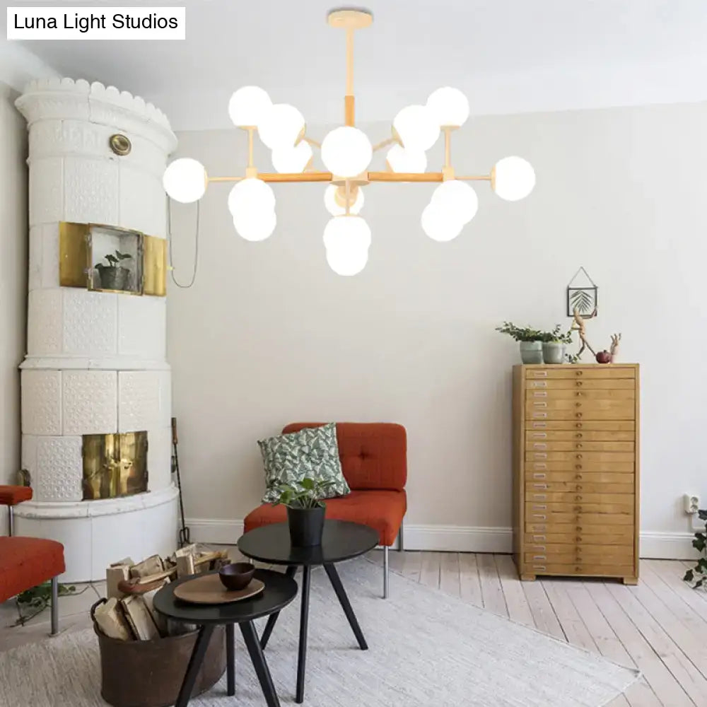 DecorBites™ contemporary globe chandelier with white glass globes and light wood frame for dining room hanging light