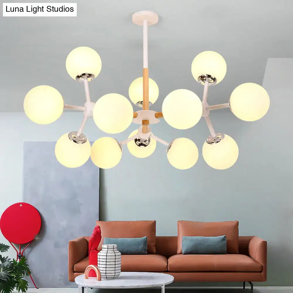 Modern DecorBites™ contemporary globe chandelier with white glass globes and wood-toned metal arms dining room hanging light