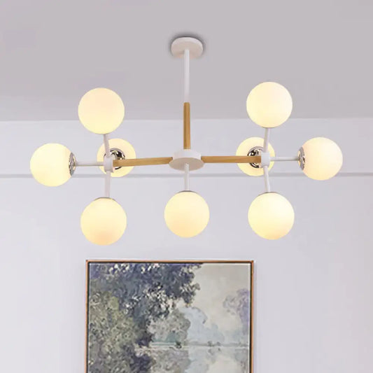Decorbites contemporary globe chandelier with white glass globes and wooden rod dining room hanging light kit