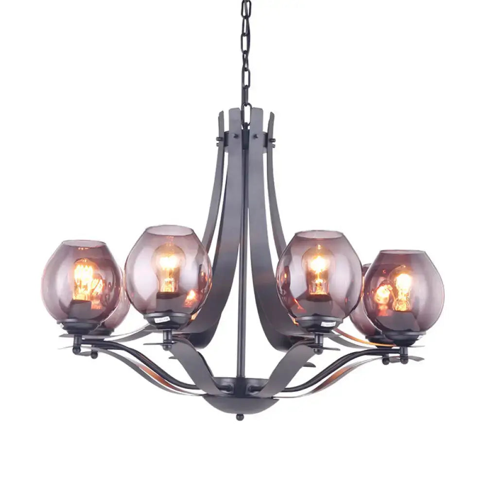 Black wrought iron contemporary chandelier with five globe gray glass shades for stylish interior lighting