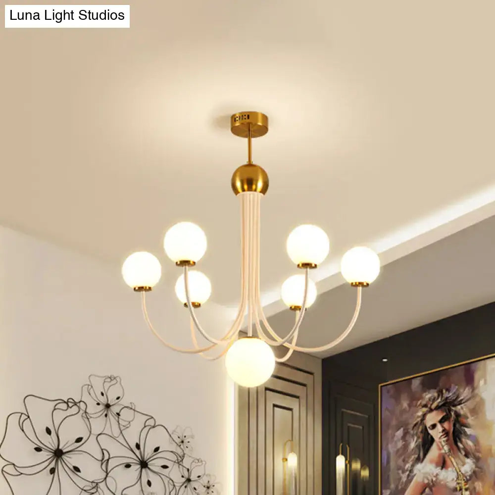 Decorbites™ contemporary gold glass spherical ceiling chandelier with six frosted glass globe lights and modern design