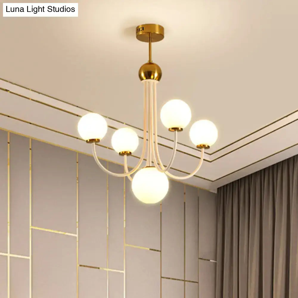 Decorbites™ contemporary gold glass spherical ceiling chandelier with five frosted glass globe lights