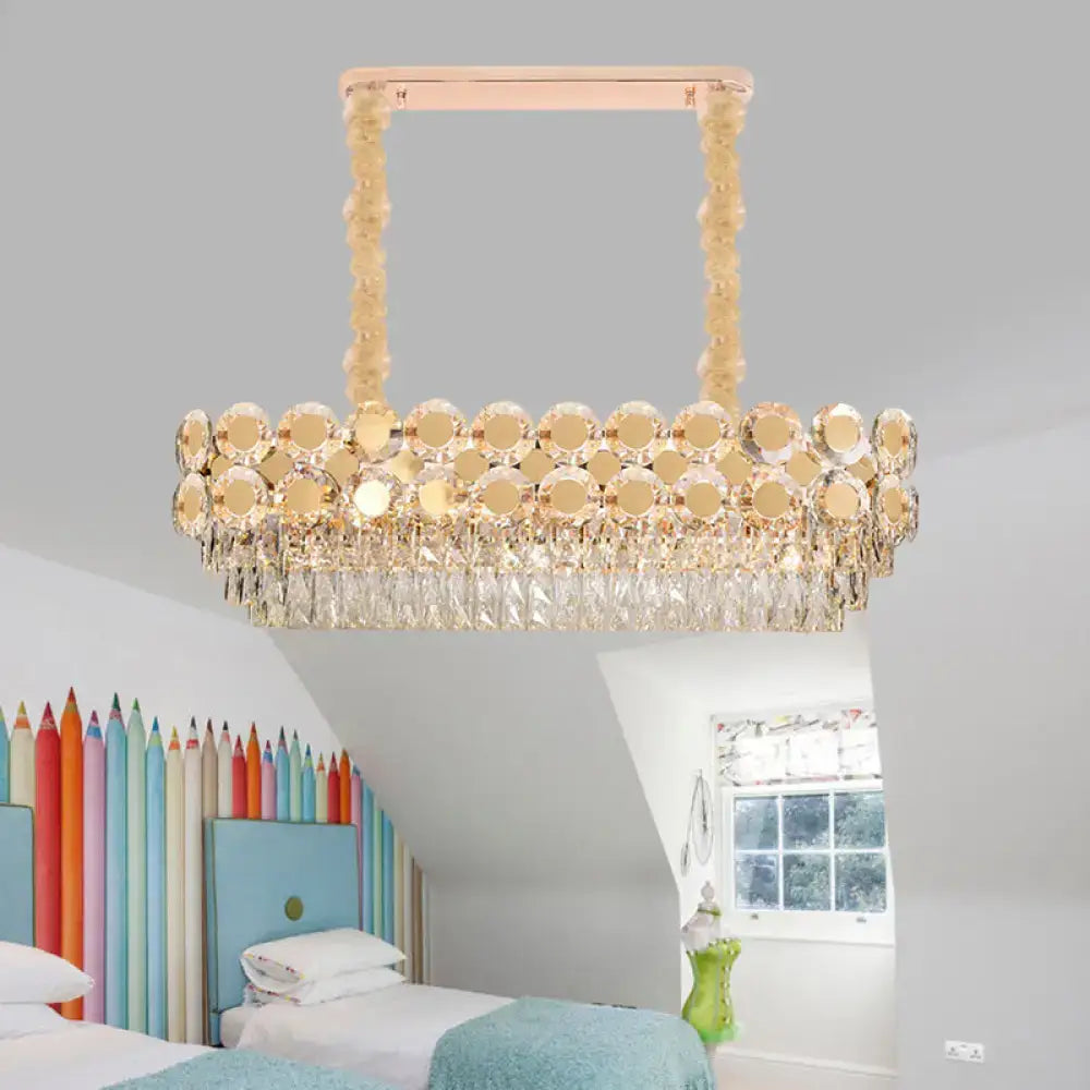 Decorbites™ contemporary gold oval island pendant with clear crystal blocks and beaded chain suspension for dining halls