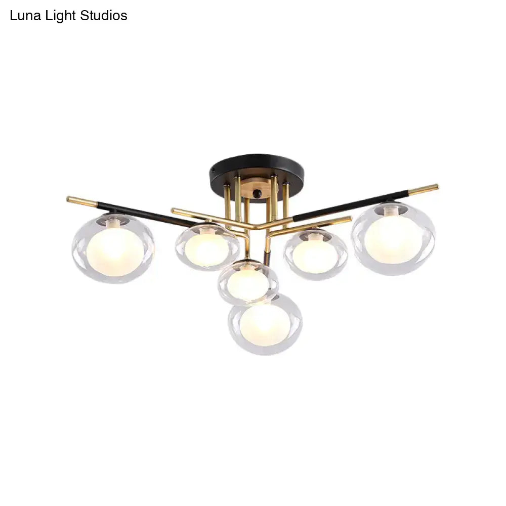 DecorBites™ semi-flush mount ceiling fixture with five oval glass shades brass and black metal for contemporary interiors