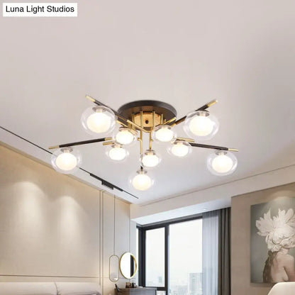 Decorbites™ contemporary gold oval shade semi-flush mount ceiling fixture with brass base and black arms holding glass bulbs