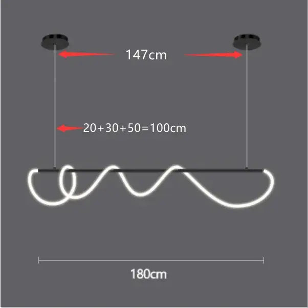 Modern white led pendant light with sleek wavy design and black hardware for contemporary led chandelier dining room use