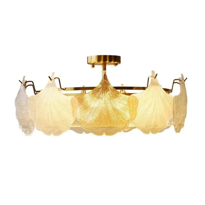 Gold-toned decorbites contemporary led chandelier with translucent ginkgo leaf glass shades for dining room lighting
