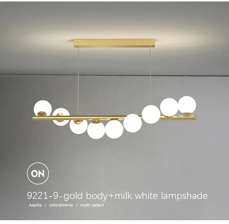 DecorBites™ contemporary led glass ceiling chandelier with gold-toned bar and milk white spherical lampshades