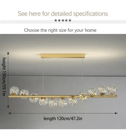 Gold-toned contemporary led glass ceiling chandelier with clear spherical bulbs on a sleek long ceiling chandelier bar