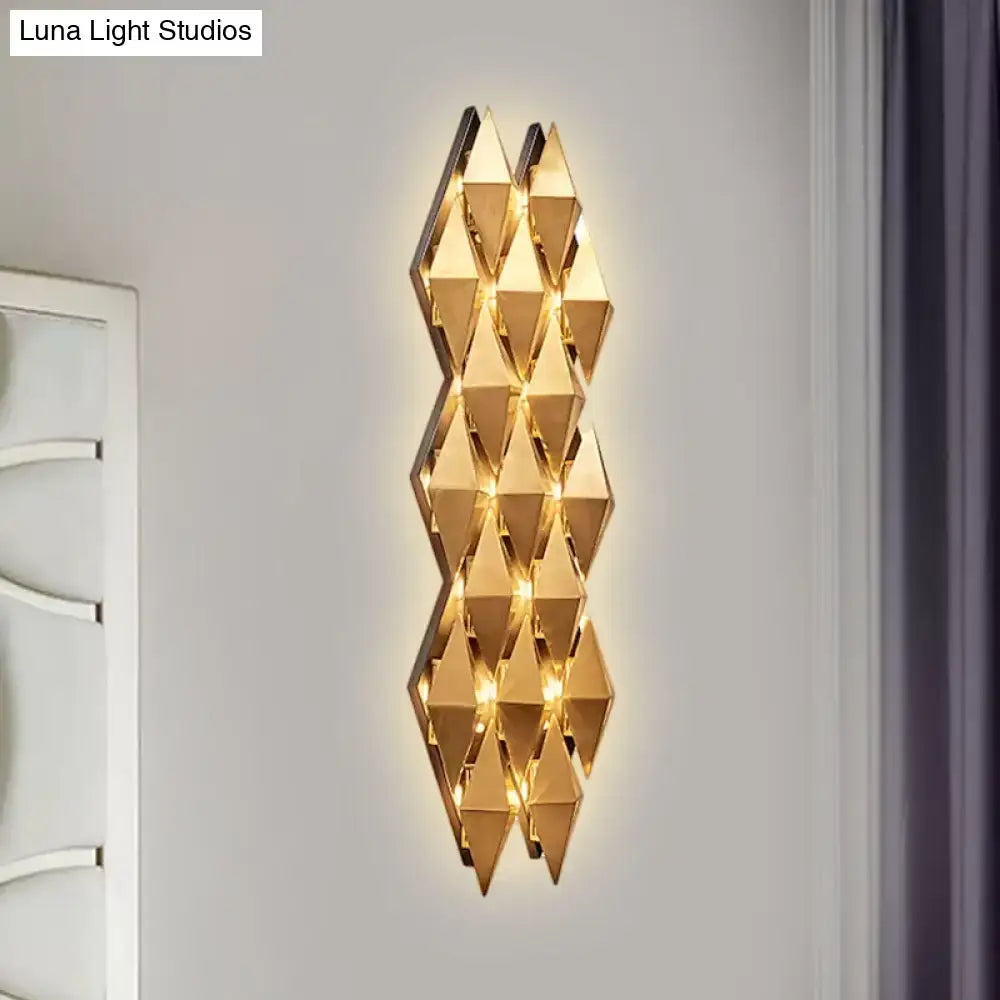 Modern gold diamond led wall lamp with geometric faceted design, gold-toned light fixture for bedroom lighting