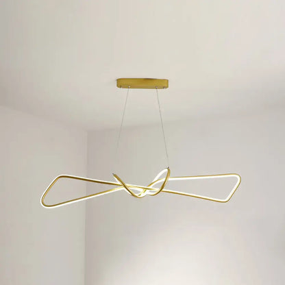 Gold-toned contemporary metal dining pendant light with sleek intertwined design and bowtie led island lighting edges