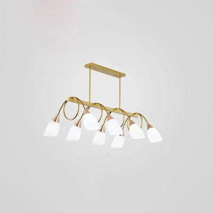 Gold-toned decorbites contemporary milk glass shade island lamp with six curved arms and frosted tulip shades ideal for restaurants