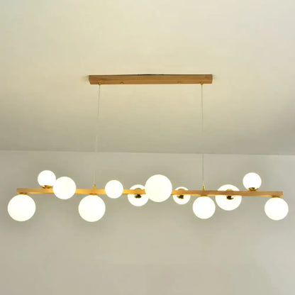 DecorBites contemporary wood pendant chandelier with light wood frame and frosted glass globe shade for dining room 110v-120v