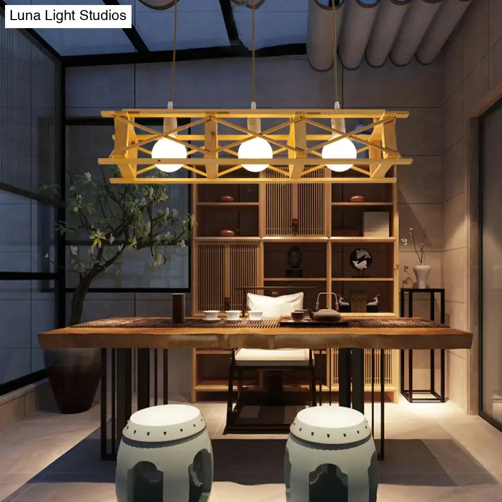 DecorBites™ contemporary wooden beige rectangular cage island chandelier with geometric lattice and three white bulbs