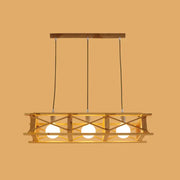 DecorBites™ contemporary beige wooden rectangular cage island lamp with crisscross slats and three exposed bulbs for restaurants
