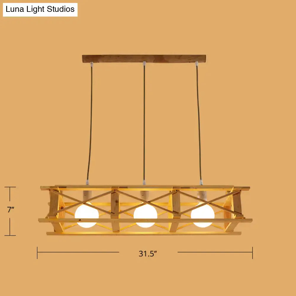 DecorBites™ contemporary wooden beige rectangular cage island lamp with three exposed bulbs and crisscrossing slats