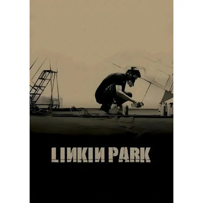 A sepia-toned Linkin Park poster wall art featuring a person in a gas mask on an industrial rooftop