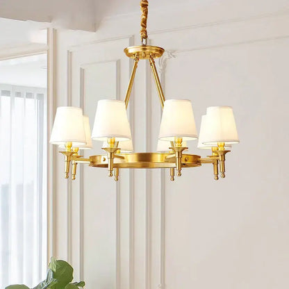 Gold-finished decorbites copper american chandelier with six off-white fabric shades for dining room use