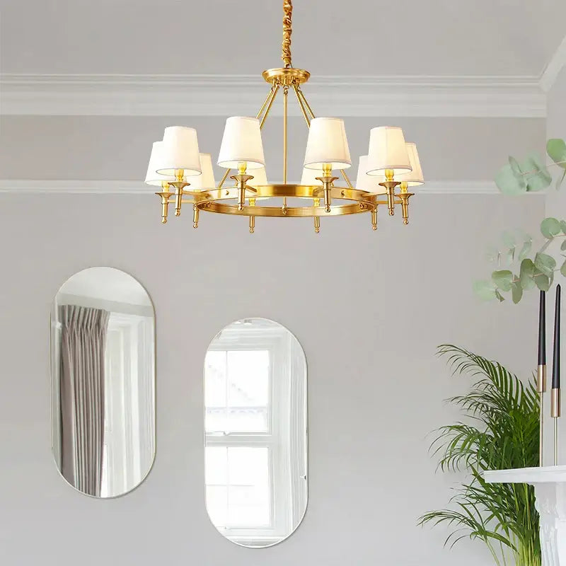 Gold-toned decorbites copper american chandelier with six white fabric shades and circular frame for dining room lighting