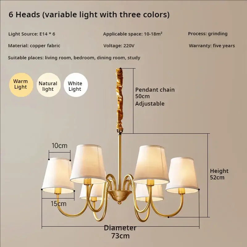 Decorbites copper american chandelier with six adjustable gold-toned fabric arms and cream lampshades for living room