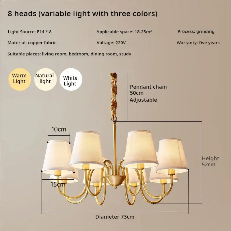 Decorbites copper american chandelier with gold-toned copper fabric, eight adjustable pendants, and cream fabric shades