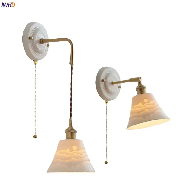 Decorbites copper arm white ceramic mountain wall lamp with brass accents and etched shades for bedroom lighting