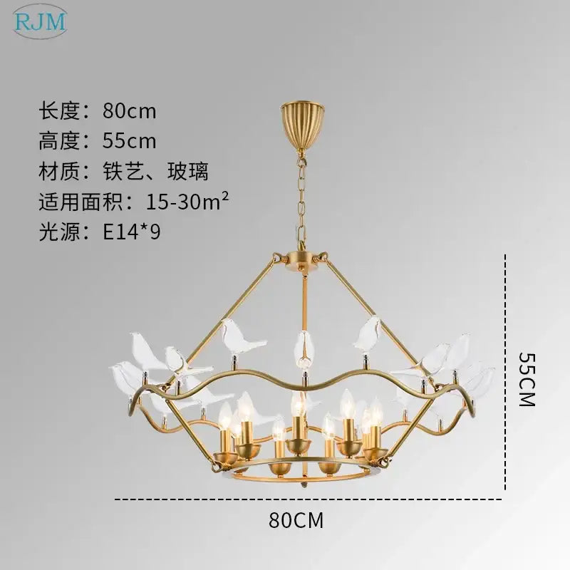Gold-toned decorbites copper bird chandelier with geometric frame clear glass bird ornaments and nine e14 sockets for dining room lighting