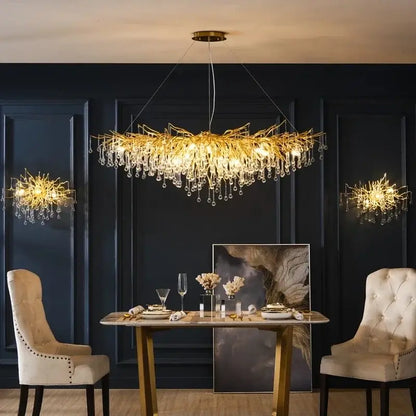 Golden decorbites copper branch chandelier with intricate branch water crystal design and dangling crystal droplets for living room