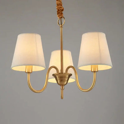 Brass-finished three-light decorbites copper ceiling chandelier with cream fabric shades for living room lighting