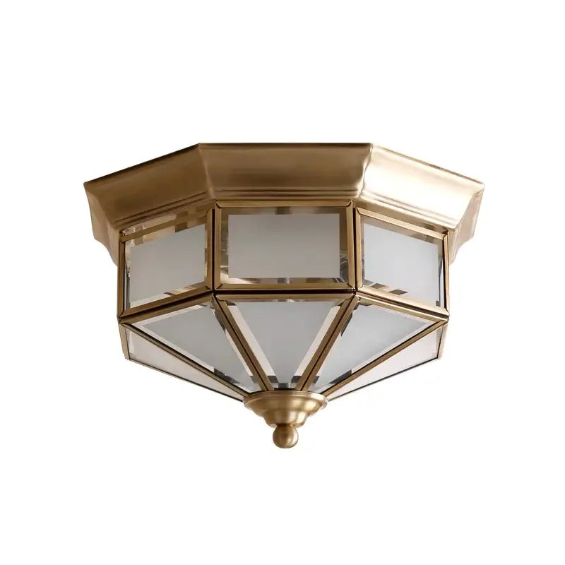 Retro brass octagonal copper ceiling lamp with frosted glass panels and decorative finial for living room lighting