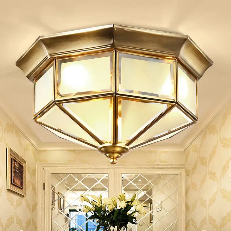 Retro brass octagonal copper ceiling lamp with gold-toned frame and frosted glass panels for living room lighting
