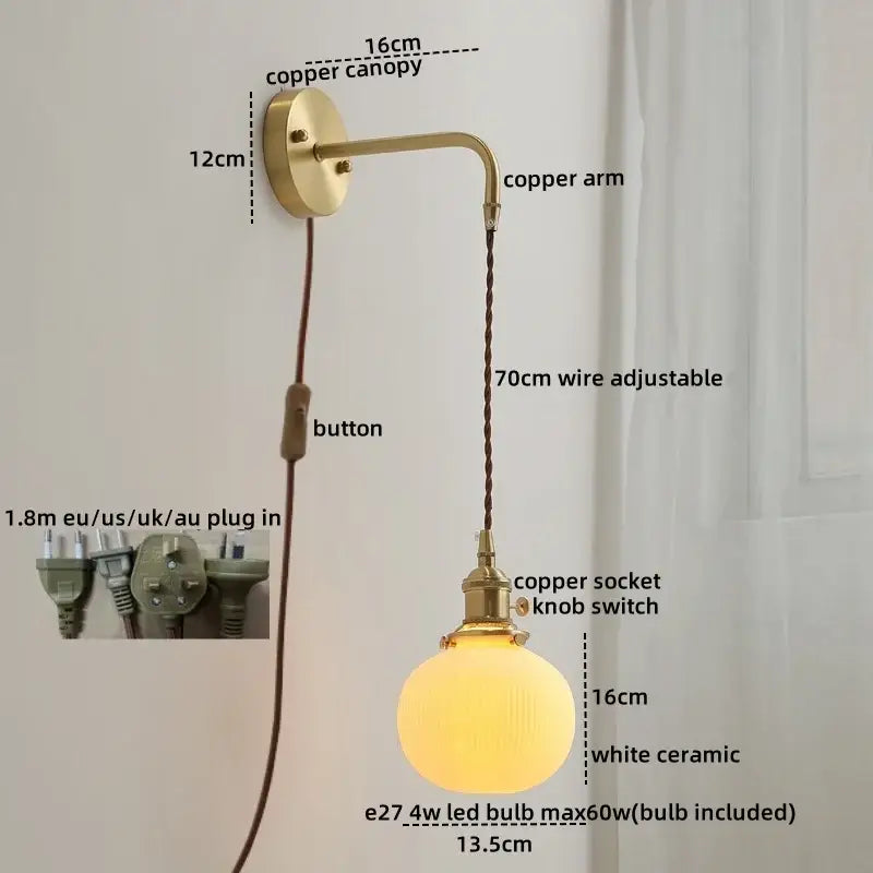 DecorBites™ Copper Ceramic LED Wall Light Pull Chain Switch Modern Bedroom Lamp