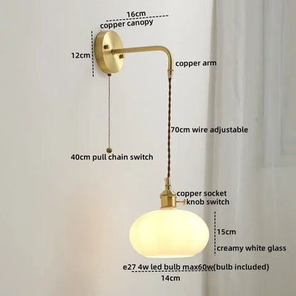 DecorBites™ Copper Ceramic LED Wall Light Pull Chain Switch Modern Bedroom Lamp