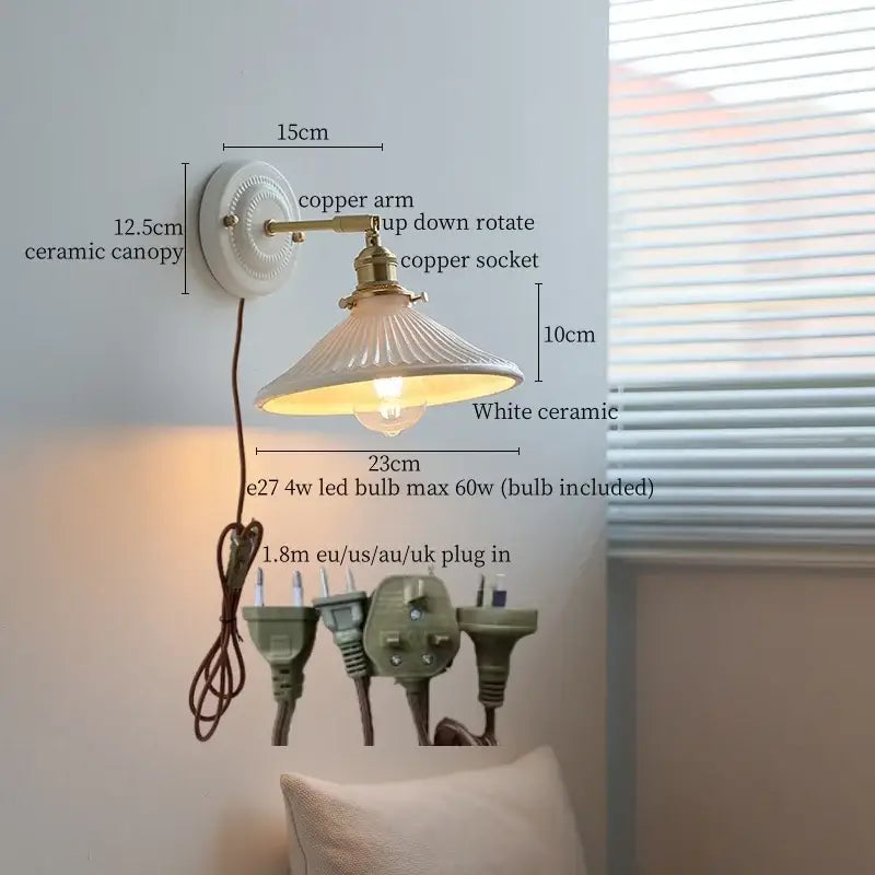 DecorBites™ Copper Ceramic LED Wall Light with Pull Chain Switch for Living Room Decor.