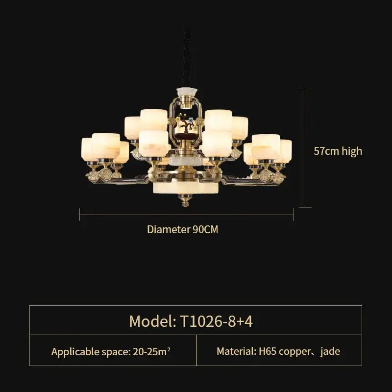 Elegant decorbites copper jade duplex chandelier with brass finish, jade accents, and frosted glass shades for living room