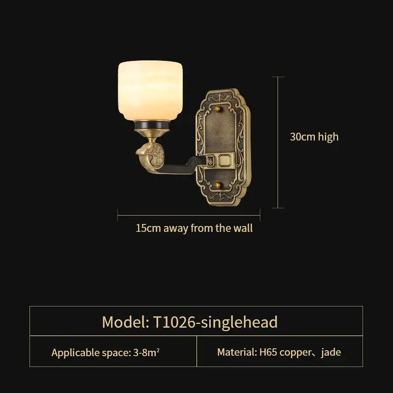 Antique brass-finished single-head wall sconce with frosted glass and jade accents from decorbites copper jade duplex chandelier