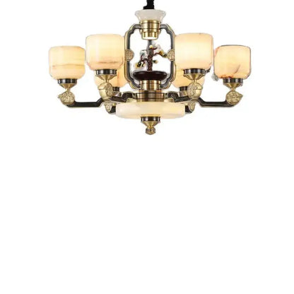 Antique brass and white marble decorbites copper jade duplex chandelier with five warm-toned glass shades for living room