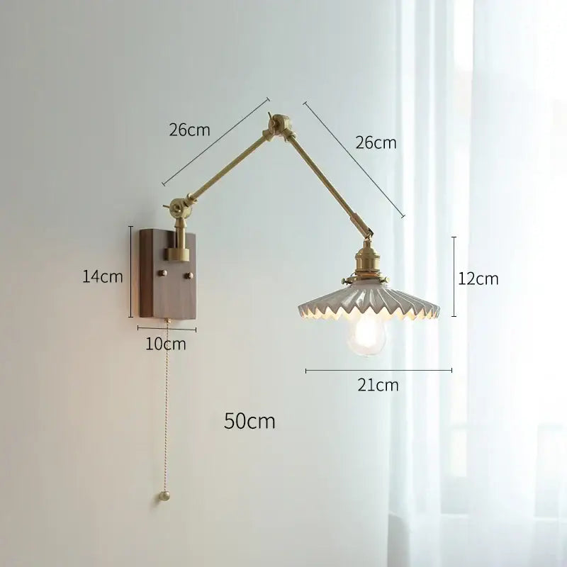 Brass-finished decorbites copper swing arm wall lamp with adjustable fluted glass shade for bedroom lighting