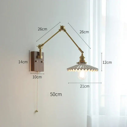 Brass-finished decorbites copper swing arm wall lamp with adjustable fluted glass shade for bedroom lighting