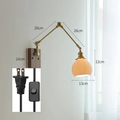 Brass-finished decorbites copper swing arm wall lamp with adjustable ribbed warm-toned glass shade for bedroom