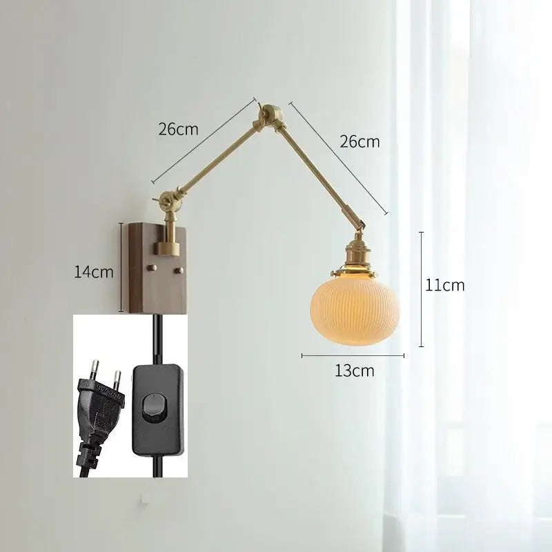 Brass-finished decorbites copper swing arm wall lamp with adjustable ribbed frosted glass globe for bedroom