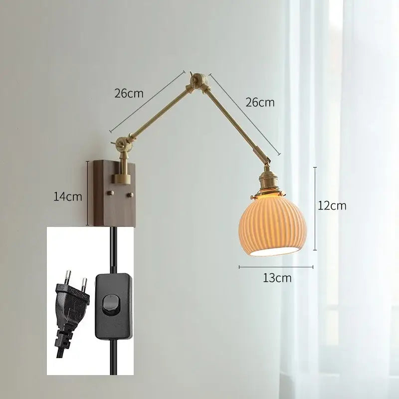 Brass-finished decorbites copper swing arm wall lamp with adjustable ribbed glass shade for bedroom lighting
