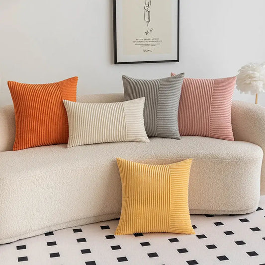 Set of five colorful decorbites corduroy striped patchwork pillow covers in orange beige gray pink and yellow with ribbed texture