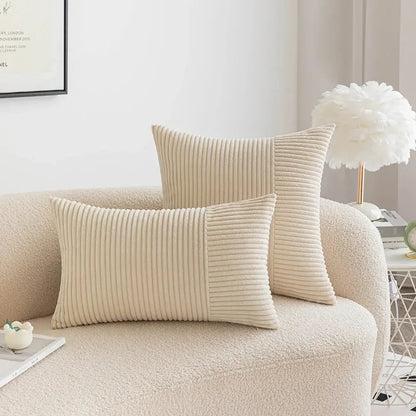 Cream-colored decorbites corduroy striped pillow cover set with vertical ribbed texture and two-tone patchwork design