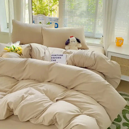 Beige plush quilted cotton bedding set with duvet cover featuring soft fabric and cozy slightly rumpled texture