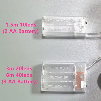 Clear plastic led battery pack with labeled lengths and led counts for decorbites cotton garland led string lights