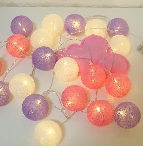 Decorbites™ cotton garland led string lights with colorful purple coral and cream textured cotton garland globes
